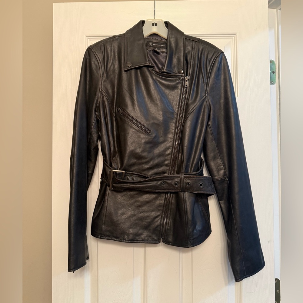 INC International Concepts Asymmetrical Black Leather Jacket
